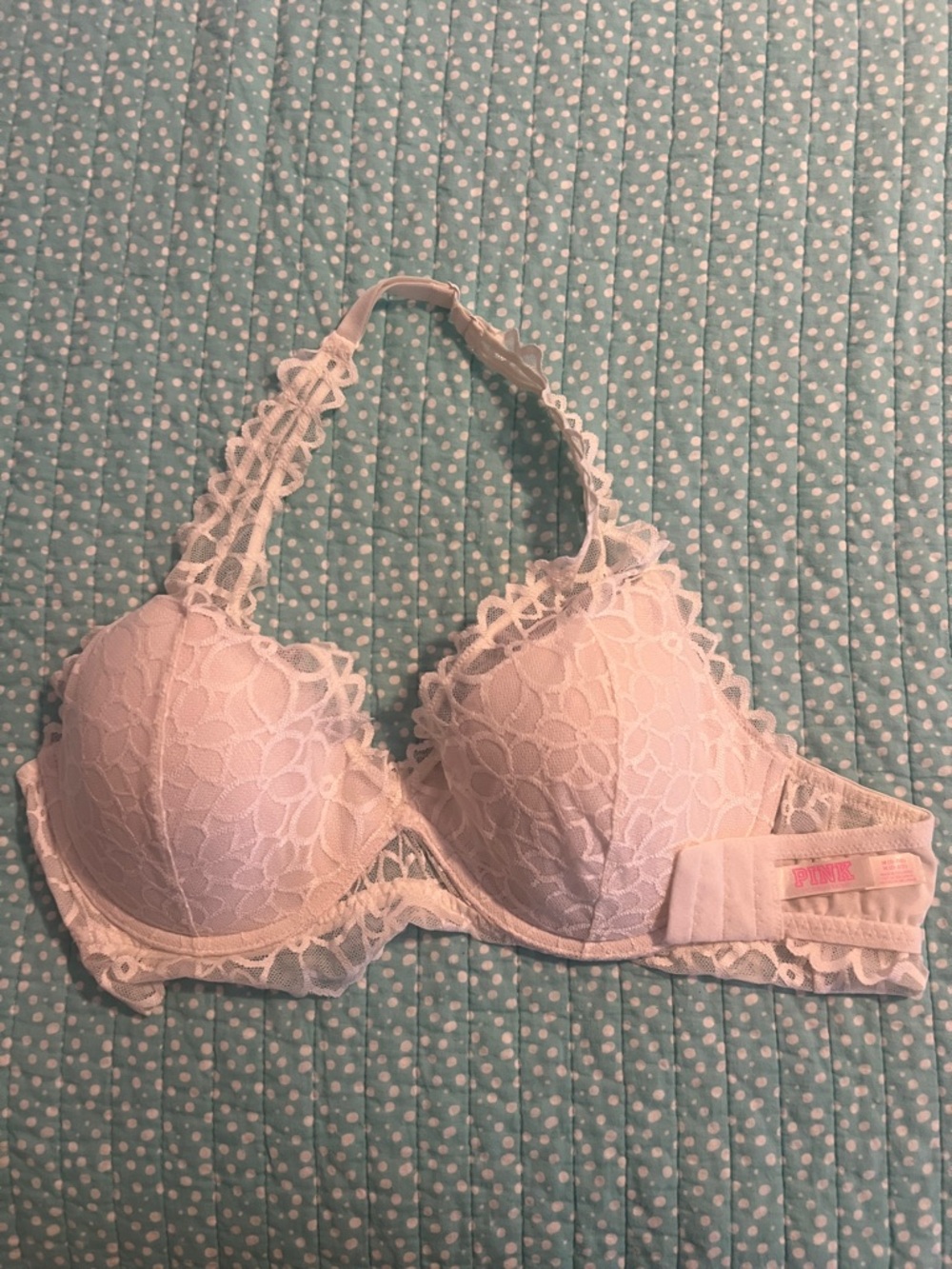 PINK Victoria's Secret White Lace Push-Up Halter Bra